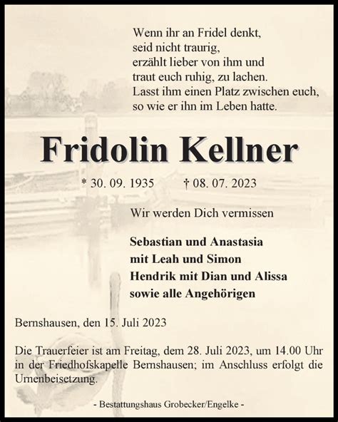 Traueranzeigen Von Fridolin Kellner Trauer Anzeigen De