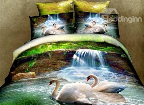 White Swans And Waterfall Print 4 Piece Polyester 3d Duvet Cover Sets Duvet