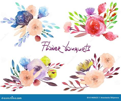 Set Of Watercolor Bouquets With Flowers Leaves And Plants Stock Vector