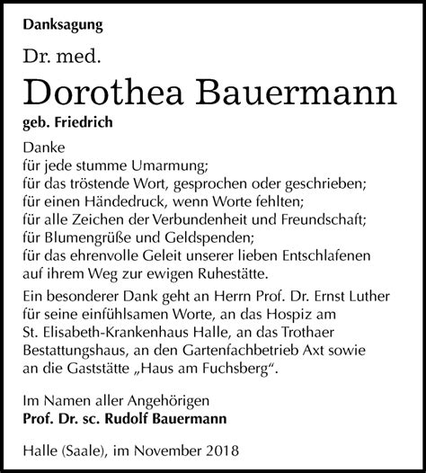 Traueranzeigen Von Dorothea Bauermann Abschied Nehmen De