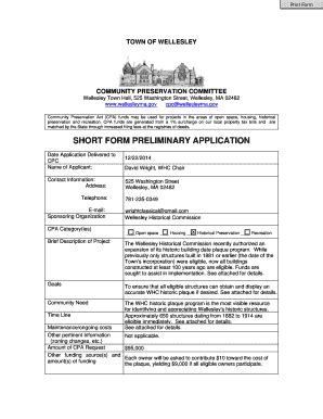 Fillable Online Wellesleyma SHORT BFORMb PRELIMINARY APPLICATION Town