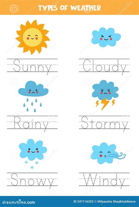 Tracing Names Of Weather Types Writing Practice Stock Vector