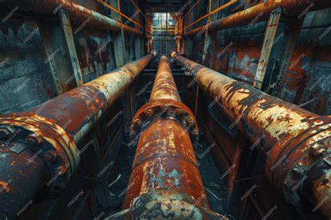 Interior Of Old Abandoned Factory With Rusty Pipeline And Red