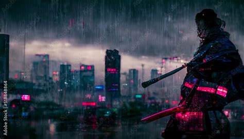 Samurai on the background of the night neon city, rain. Dark rainy ...