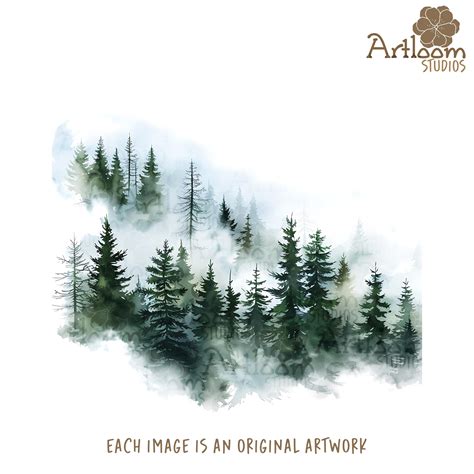 Foggy Pine Forest Clip Art Printable Watercolor Pine Forest Jpgs