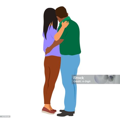 Couple Embracing Mixed Race Green Shirt Blue Jeans Stock Illustration