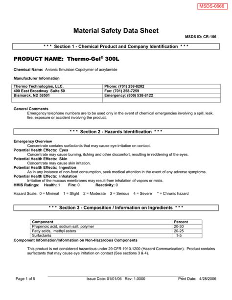 Material Safety Data Sheet PRODUCT NAME Thermo Gel 300L