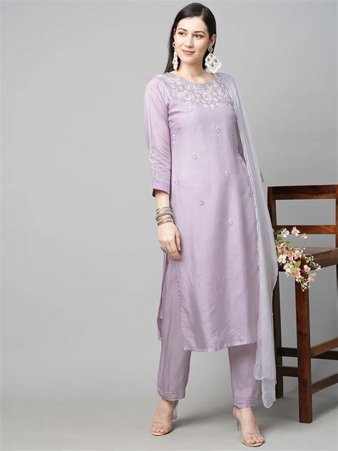 Floral Hand Embroidered Straight Kurta With Pants And Dupatta Light Pu Fashor