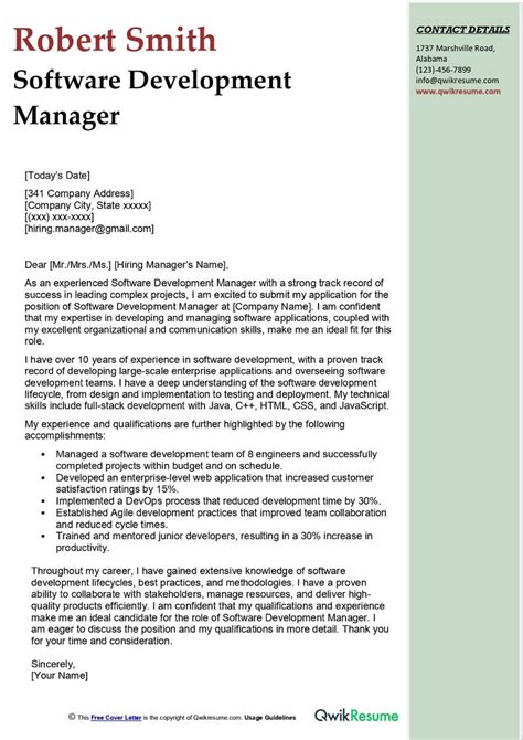 Software Development Manager Cover Letter Examples QwikResume