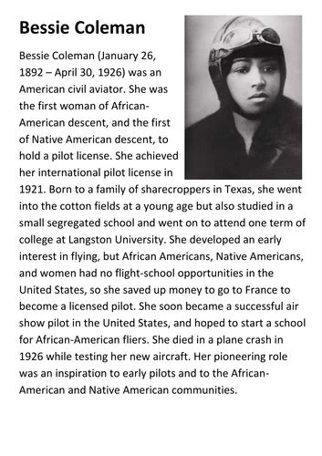 Bessie Coleman Handout Teaching Resources