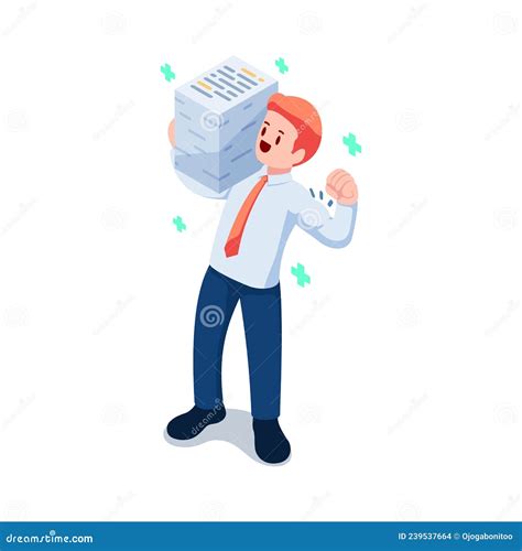 Isometric Happy Healthy Businessman Carrying Stack Of Document Stock