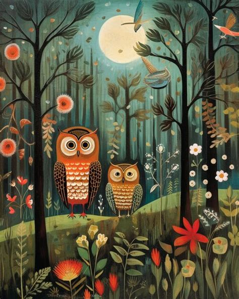 Premium Ai Image Painting Of Two Owls In A Forest With A Full Moon