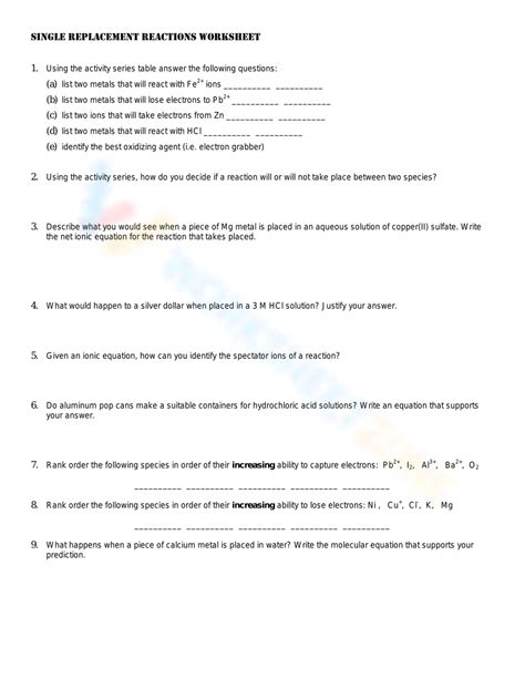 Single Replacement Reactions Worksheet Worksheet Worksheets Library