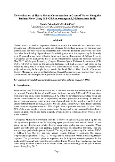 Pdf Determination Of Heavy Metals Concentration In Ground Water Along The Sukhna River Using