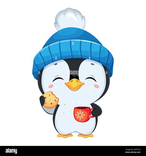 Cute little penguin cartoon character. Funny penguin in blue hat ...