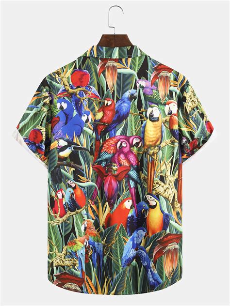 Hardaddy Mens Parrot Print Retro Breathable Hawaiian Shirt Hardaddy