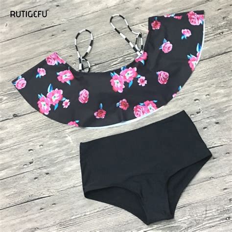 Rutigefu New Sexy Ruffle Bikini Set Lady Flower Print Swimsuit Push