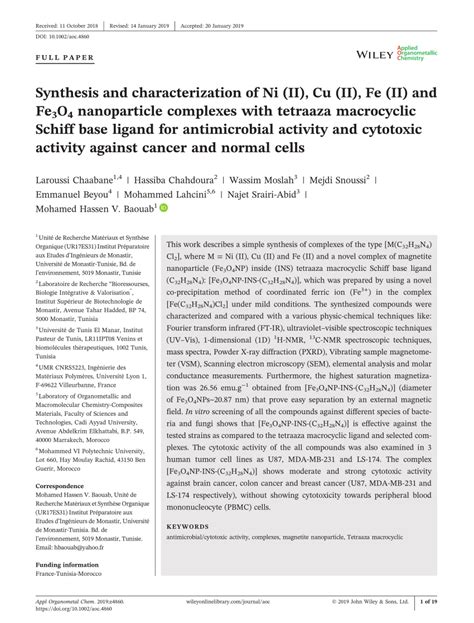 Pdf Synthesis And Characterization Of Ni Ii Cu Ii Fe Ii And Fe3o4 Nanoparticle