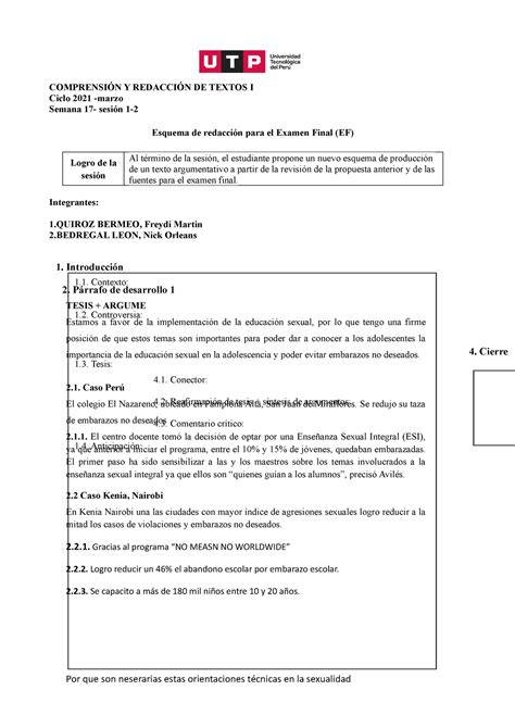 S17 s1 s2 Esquema para Examen Final 1 ciclo 1 COMPRENSIÓN Y