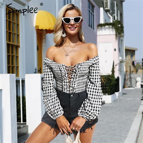 Simplee Plaid Off Shoulder Lantern Sleeve Bodysuit Ruffles Cross Lace