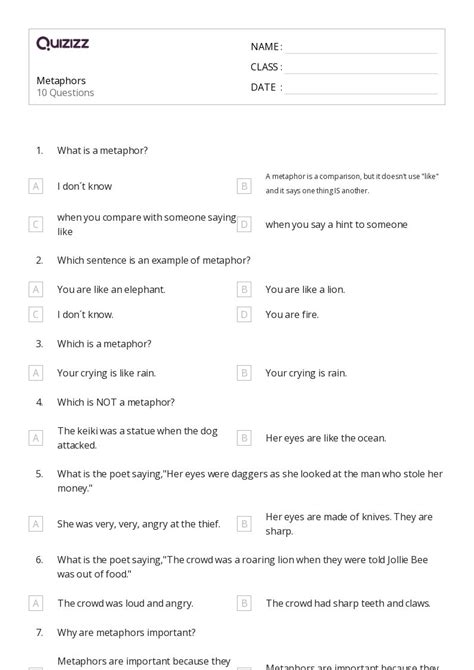 Metaphors Worksheets On Quizizz Free Printable