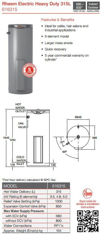 Rheem 616315g9 315 Litre 6 0kw 6 Element 1st Choice Hot Water