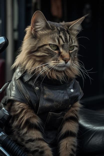 Premium Ai Image Cat Biker In A Leather Jacket Driving A Motorcycle Rides