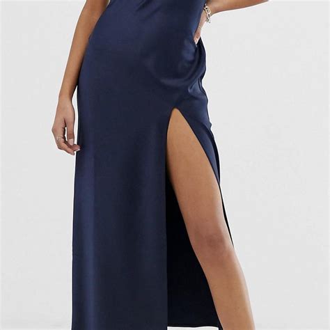 Asos One Shoulder Satin Midi Maxi Dress With Slit Depop