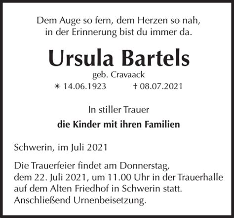 Traueranzeigen Von Ursula Bartels Trauer Nordkurier