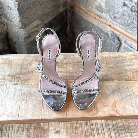 Miu Miu Silver Metallic Leather Crystal Embellished S Gem