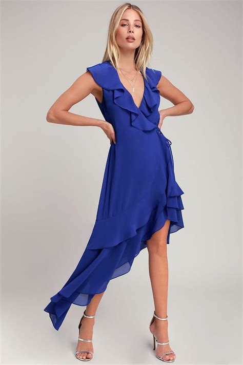 Daydream Lover Cobalt Blue Asymmetrical Ruffled Wrap Dress Wrap Dress