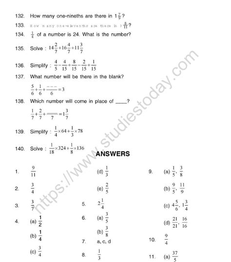 Cbse Class 5 Mental Maths Fractions Worksheet