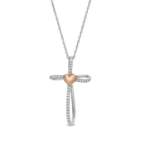 1 10 Ct T W Diamond Loop Cross And Heart Pendant In Sterling Silver And 10k Rose Gold Zales