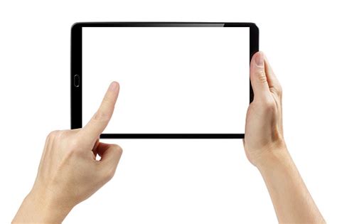 Tangan Menyentuh Layar Tablet Hitam Di Atas Putih Foto Stok Unduh