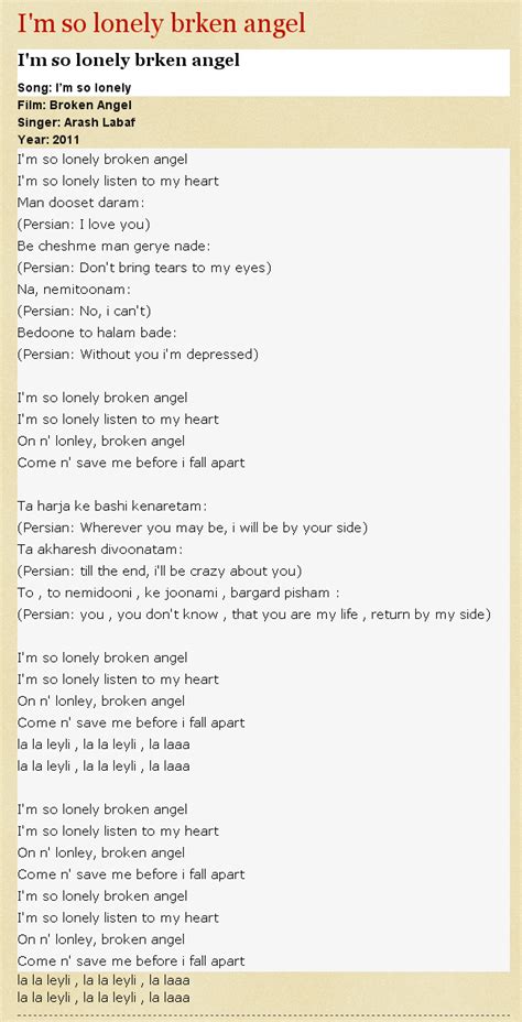 Lirik Lagu Im So Lonely Broken Angel