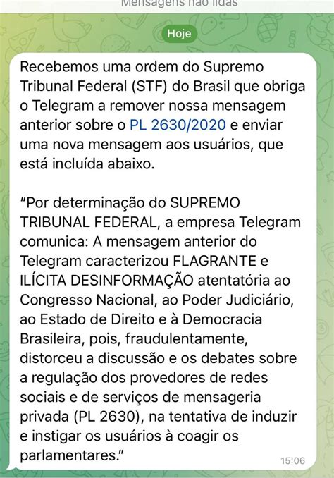 Telegram Cumpre Ordem Do Stf E Apaga Mensagem Que Atacava Pl Das Fake