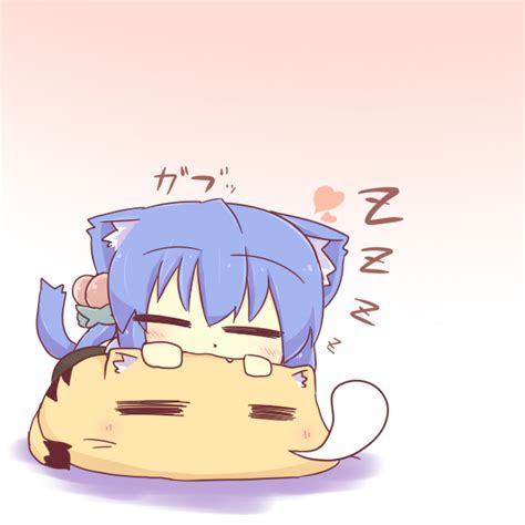 Safebooru Animal Ears Biting Blue Hair Blush Cat Cat Ears Cat Tail