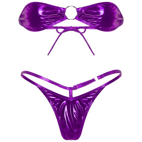 Buy Woman S Shiny Metallic Extreme Micro Bikini Set Tube Bra Top Mini G String Swimsuit Lingerie