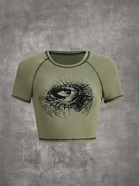 Is That The New Grunge Punk Eye Print Top Stitching Raglan Sleeve Crop