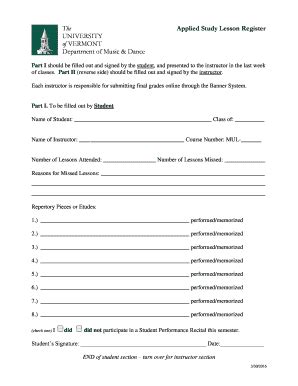 Fillable Online Uvm Lesson Register Form PDF University Of