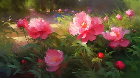 Background Garden Sunshine Peony Bunga Lukisan Minyak Pemandangan Latar