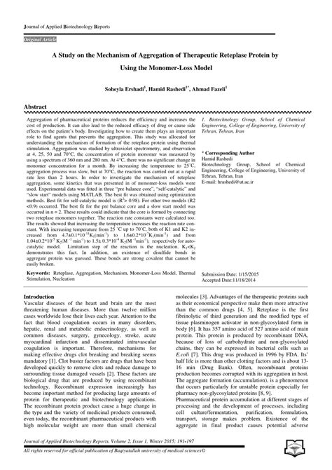 (PDF) A Study on the Mechanism of Aggregation of Therapeutic Reteplase ...