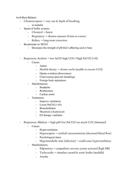 2021 NURS 271 Important Notes To Study Test 1 Acid Base Balance