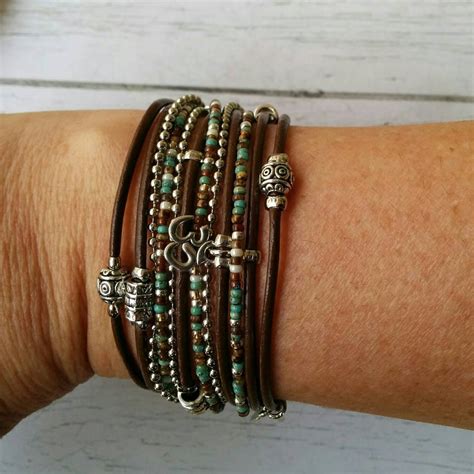 Boho Leather Wrap Bracelet Turquoise And Brown Multistrand Triple Cuff Bracelet Choose Four Charms