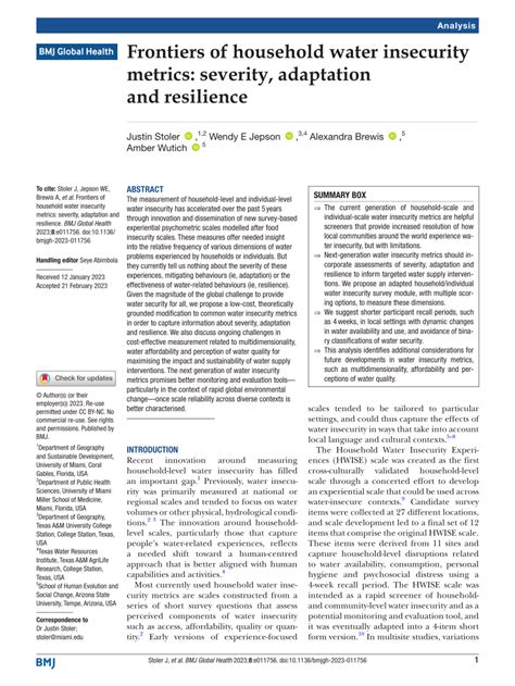 Pdf Frontiers Of Household Water Insecurity Metrics Severity Adaptation And Resilience