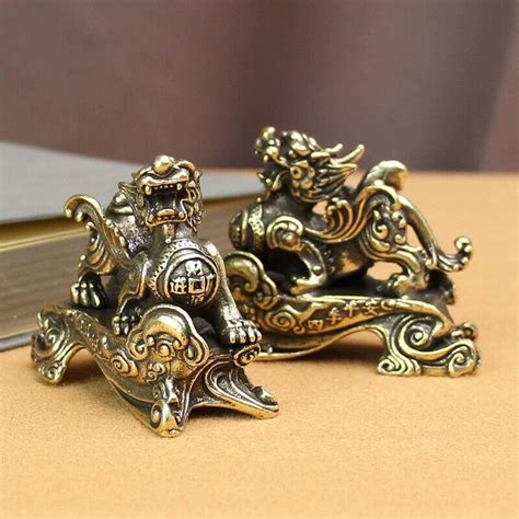 1Pair Brass Pi Yao Pi Xiu Statue Feng Shui Wealth Porsperity Figurine