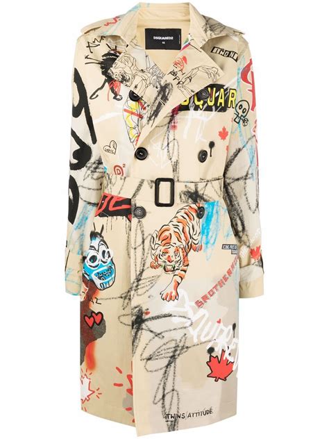 Buy Dsquared2 Graffiti Print Trench Coat Neutrals At 45 Off