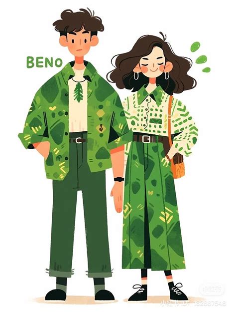 A Man And Woman Dressed In Green Clothes With The Words Beno Written