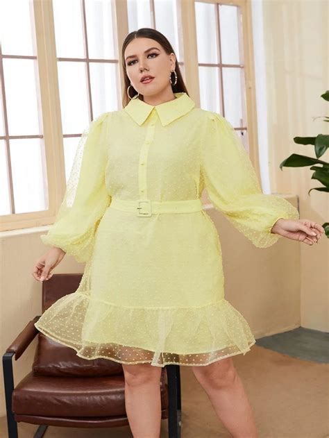 Belted Dress Dress P Plain Shirts Swiss Dot Lantern Sleeves Ruffle