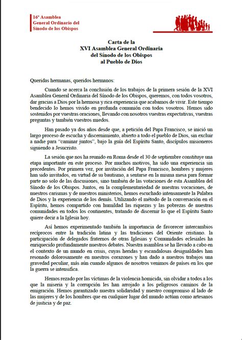 Carta XVI Asamblea General Ordinaria del sínodo de los Obispos al